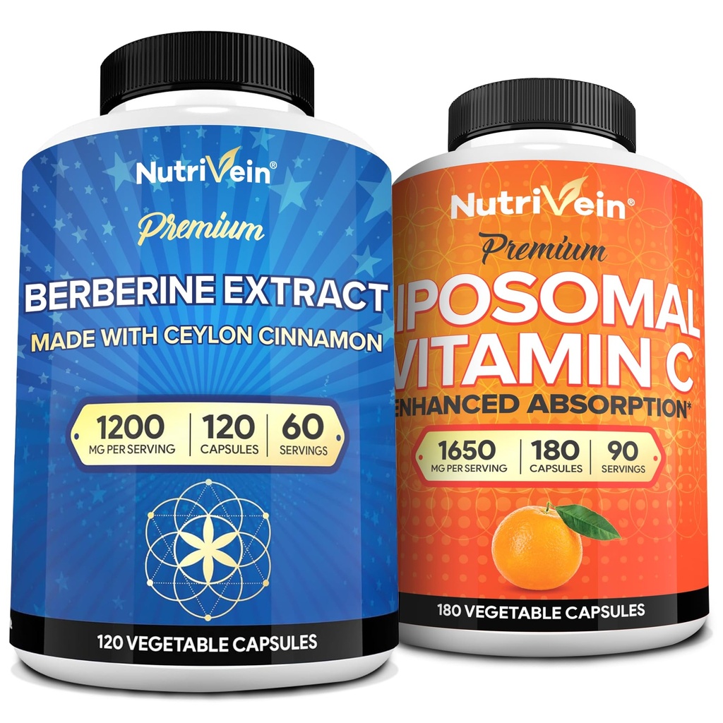 Nutrivein Premium Berberine & Liposomale Vitamine C-supplement: vitamine C-capsules met hoge Absorptie en berberinesupplement Bundle for Immunity, Metabolisme, & Balanced Well-Being