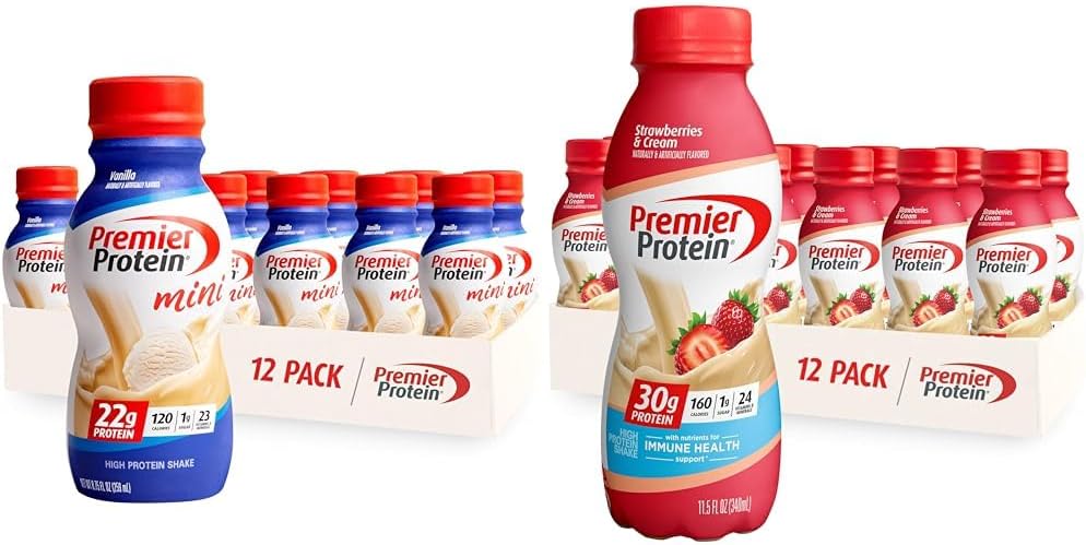 Premier Proteïne Shake MINI's Vanille 22g Proteïne 120 Calorieën Verpakking van 12 & Aardbeien Premier Proteïne Shake 30g Proteïne 160 Calorieën Verpakking van 12