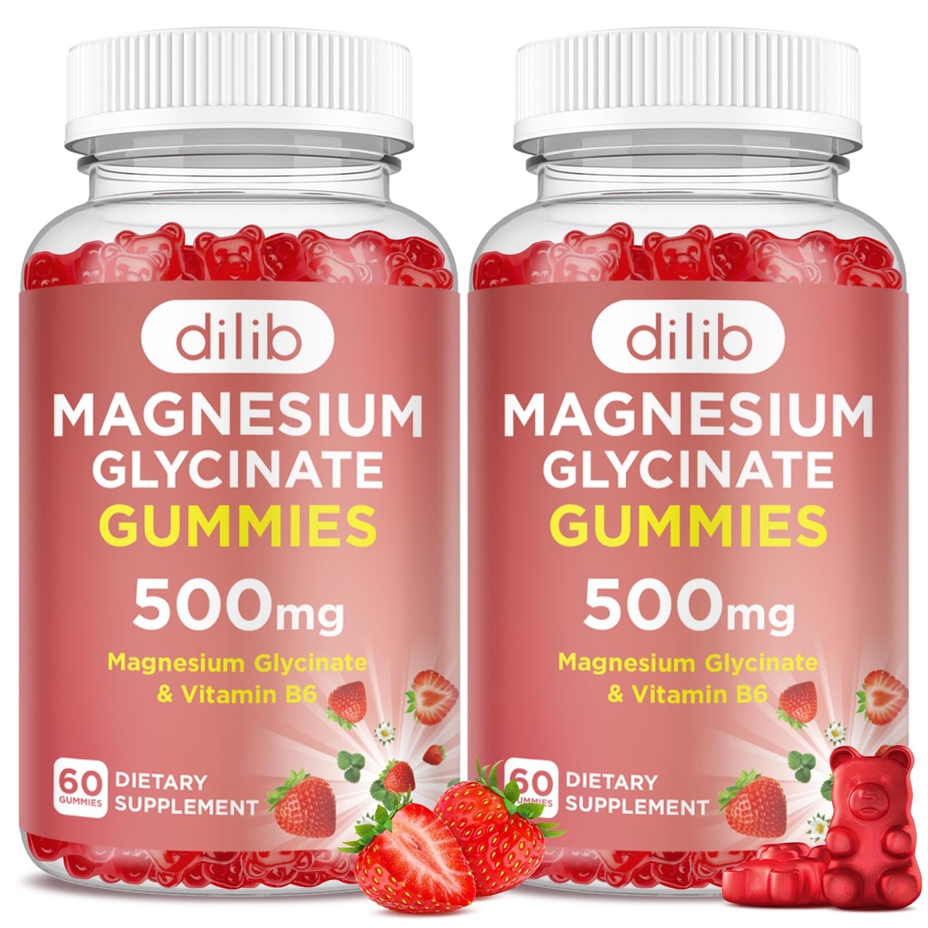 Magnesium Glycinate Gummies 500mg voor volwassenen & kinderen Magnesium Supplement met vitamine B6-Natural Calm Gummies-Calm Mood, Muscle & Slaap Ondersteuning-Strawberry Flavor, 120 Gummies
