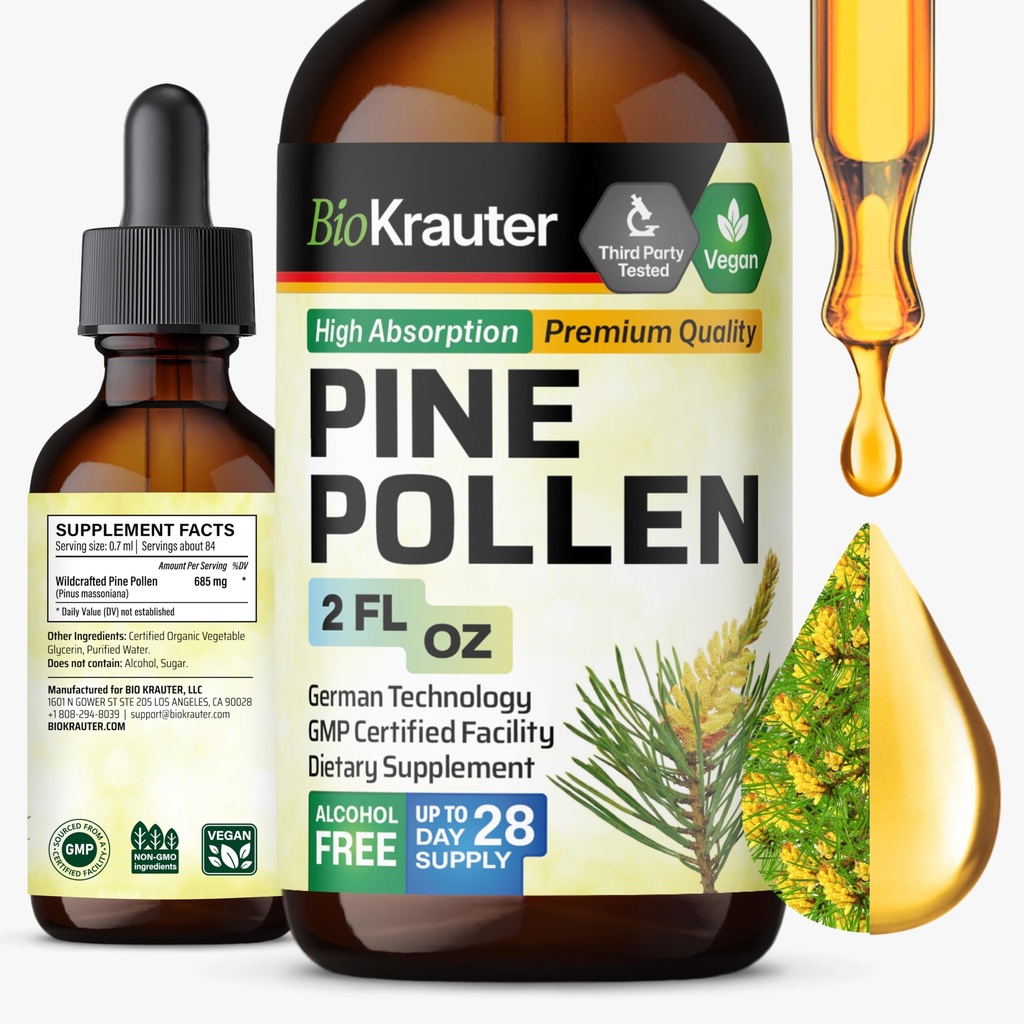 BIO Krauter Pine Pollen Tinctuur - Pine Pollen Powder Liquid Extract for Immune Support - Alcohol & Sugar Free Natural Herbal Supplement - 2 Fl.Oz.