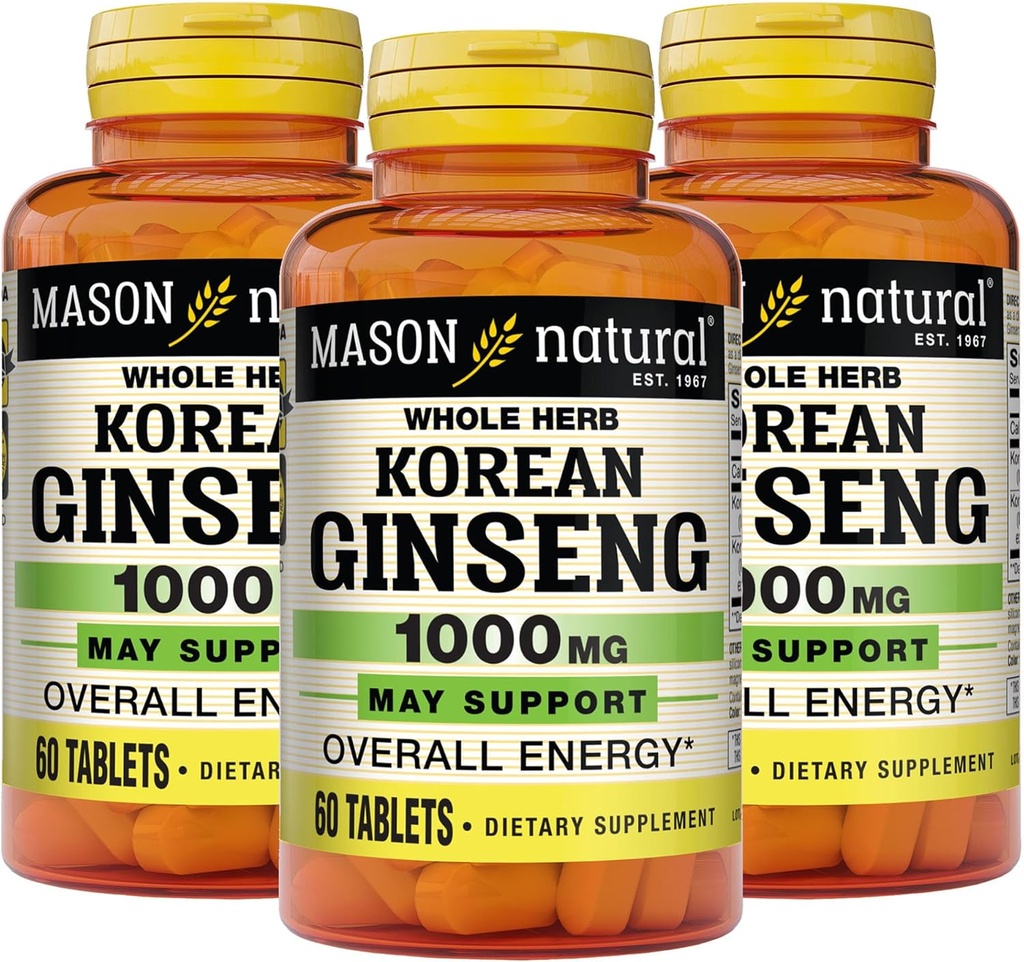 MASON NATUURLIJKE Koreaanse Ginseng 1000 mg, ondersteunt energie, duurzaamheid & vitaliteit, 60 tabletten, verpakking van 3