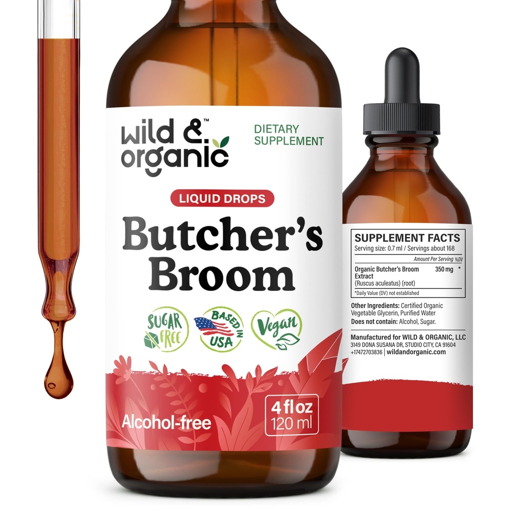Wild & Organic Butchers Broom Tincture - Leg Support Supplement - Russus Aculeatus Root Drops - Herbal Butchers Broom Supplement - Vegan, No Alcohol & Sugar - 4 fl oz
