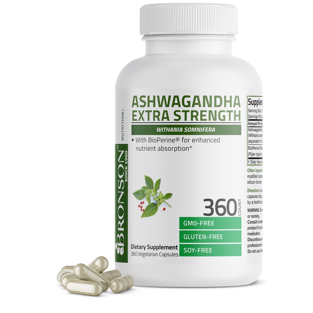 Bronson Ashwagandha Extra sterkte Stress & Mood-ondersteuning met BioPerine - niet GGO-formule, 360 Vegetarische Capsules