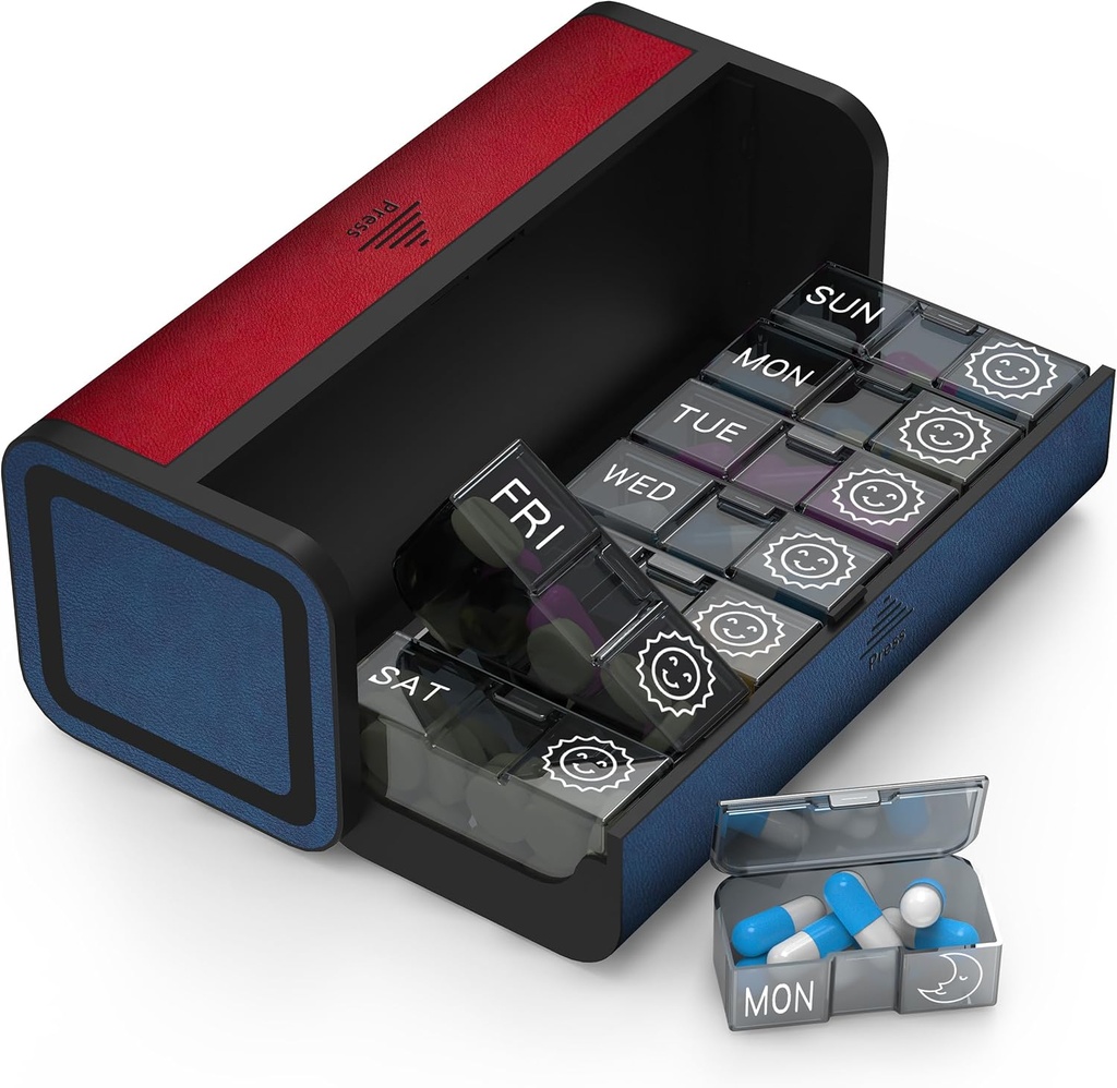Pillen Organisator 2 keer per dag, Am Pm Tweemaal dagelijkse pil geval, afneembare grote reis pil doos 7 dag, Wekelijkse pil container voor vitamine geneeskunde supplement visolie (rood en blauw)