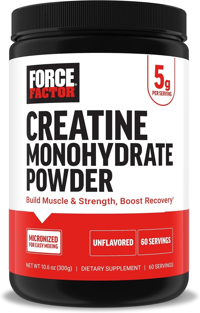 Force Factor Creatine Monohydraat Poeder, 5g Micronized Dose ter ondersteuning van spiergroei, sterkte, herstel, cognitieve gezondheid en geheugen, zonder smaak, 60 porties