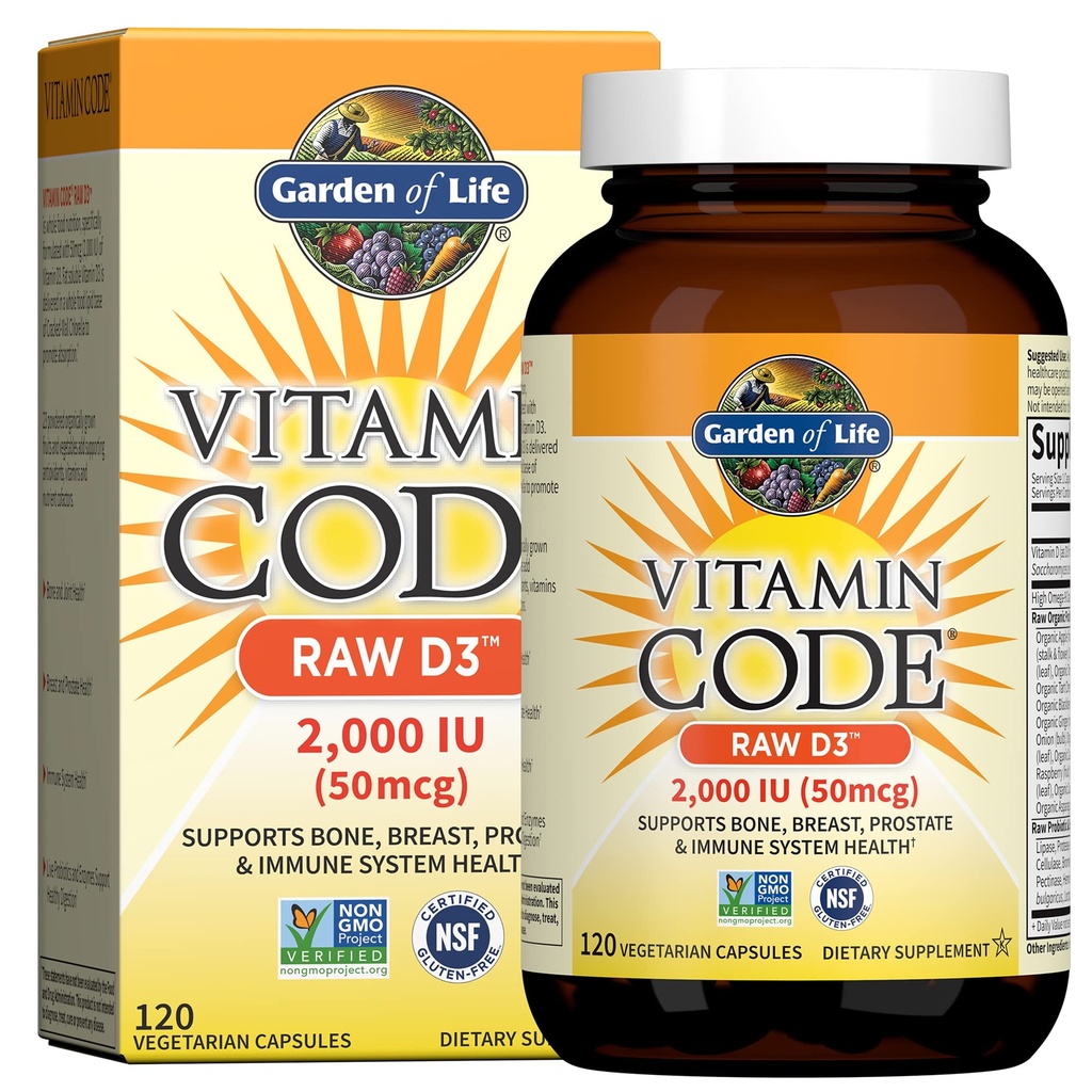 Garden of Life Vitamine D, Vitamine Code Raw D3, Vitamine D 2.000 IE, Raw Whole Food D3 Supplementen met Chlorella, Fruit, Veggies & Probiotica voor Bone & Immune Health, 120 Vegetarische Capsules