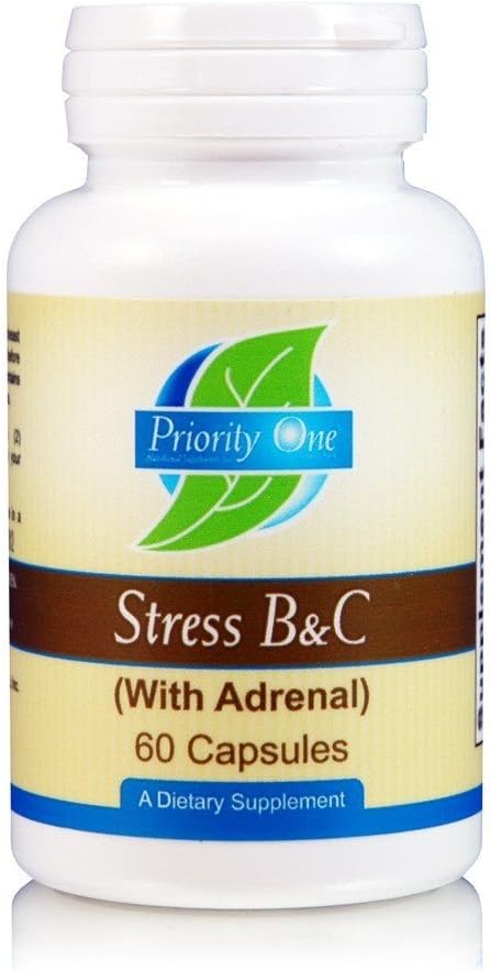 Priority One Vitaminen Stress B & C 60 Capsules - B Complex with Whole Gland Adrenal to Support Healthy Nerves, Skin, Eyes, gastro-intestinale en hersenfuncties.*