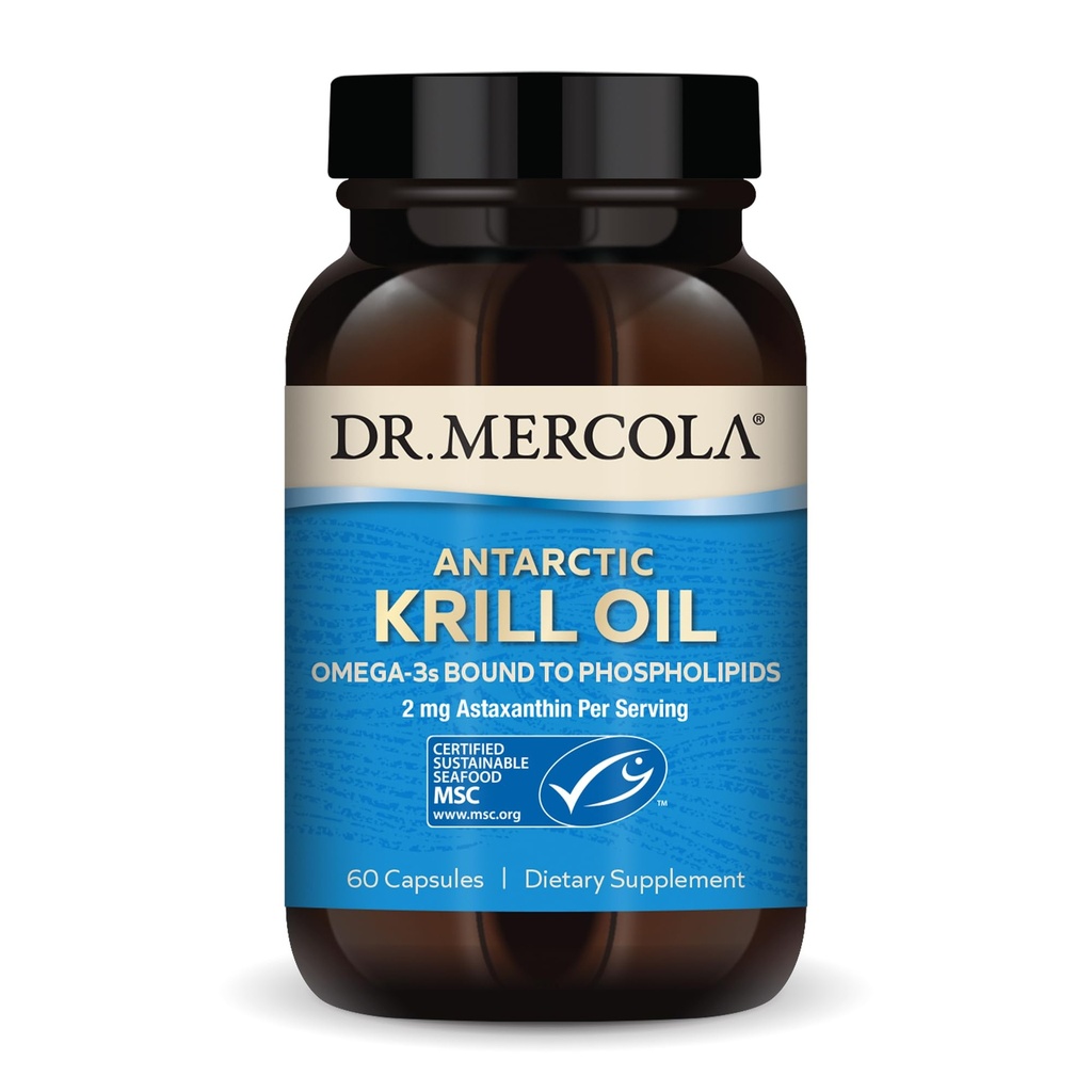 Dr. Mercola Antarctische Krillolie - 1000 mg - Omega-3 Supplement met EPA & DHA - Ondersteunt hersenen, hart, gewrichts- en immuungezondheid - GGO-vrije, glutenvrije & sojavrije - 60 capsules (30 porties)