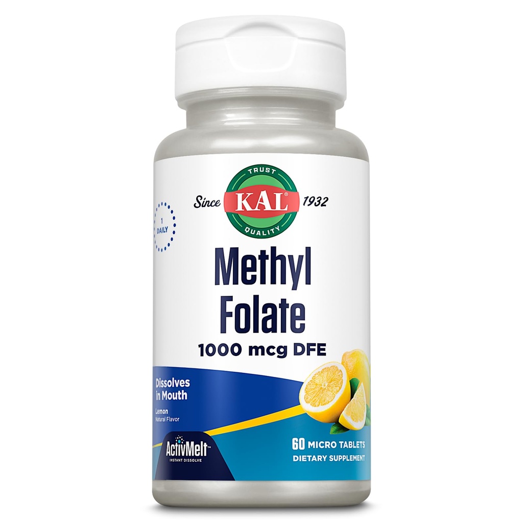 KAL Methylfolaat 1000 mcg, 5-MTHF actieve vorm, Foliumzuursupplement, Hartgezondheid, Prenatale, Mood en Hersenondersteuning, Vegetarisch, Natuurlijke Citroen ActivMelt, 60 dagen garantie, 60 Serv, 60 microtabletten