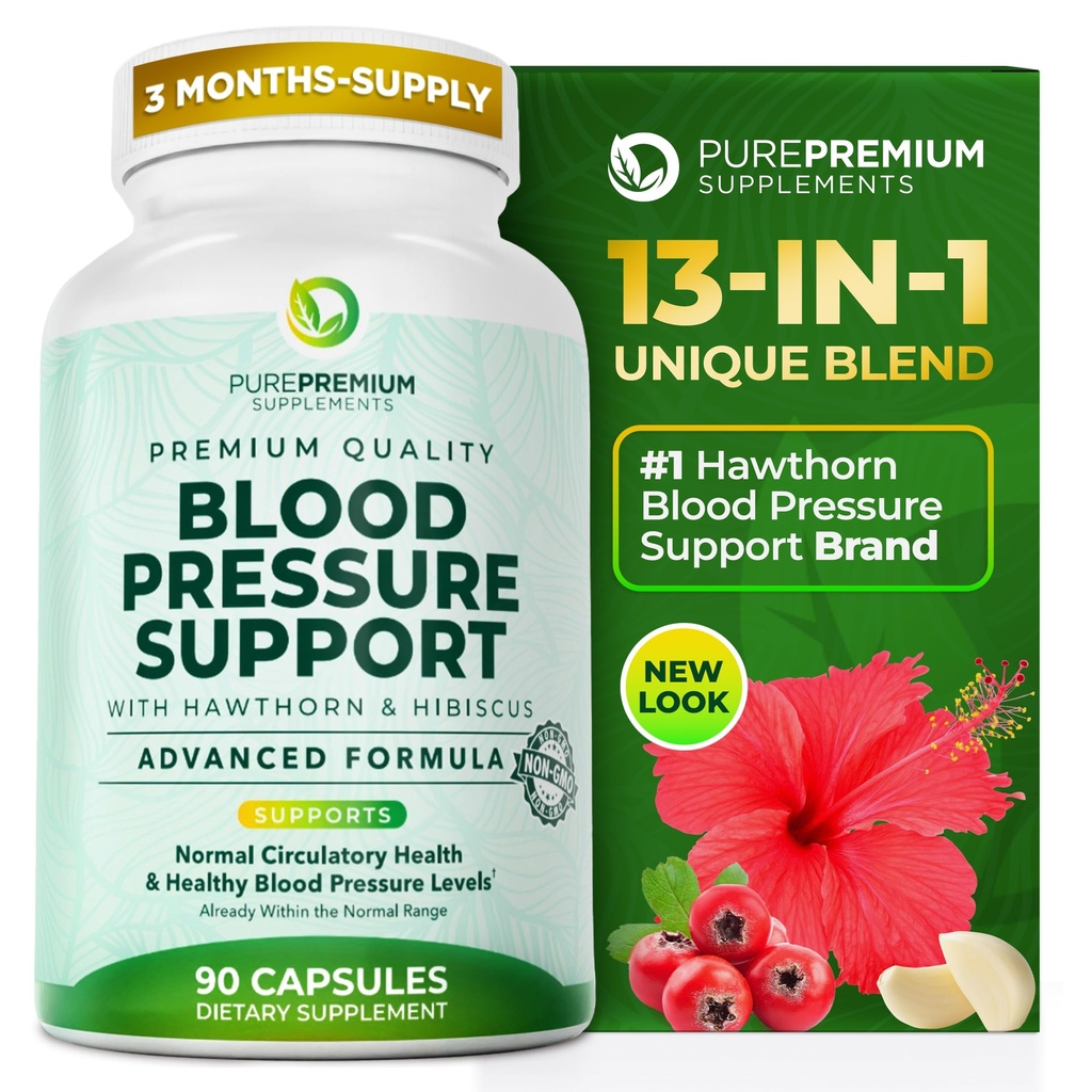 PurePremium Blood Pressure Supplements with Hawthorn Berry, Hibiscus, Knoflook & Vitamine B12-Nitric Oxid Supplement for Normal Heart Health, Circulatie Health & Blood Pressure Support - 90ct