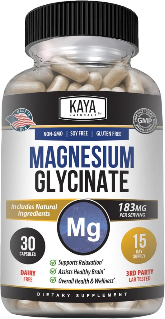 Kaya Naturals Magnesium Glycinate 183mg per caps, gecheleerd voor maximale absorptie, non-GMO, NO Gluten Dairy & soja, ondersteunt spier- en hartgezondheid 30 Tel.