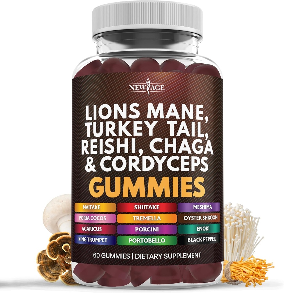 NIEUW AGE Paddestoel Lion's Mane supplement Gummies - paddo supplement met Reishi, Cordyceps - 60 Tellen