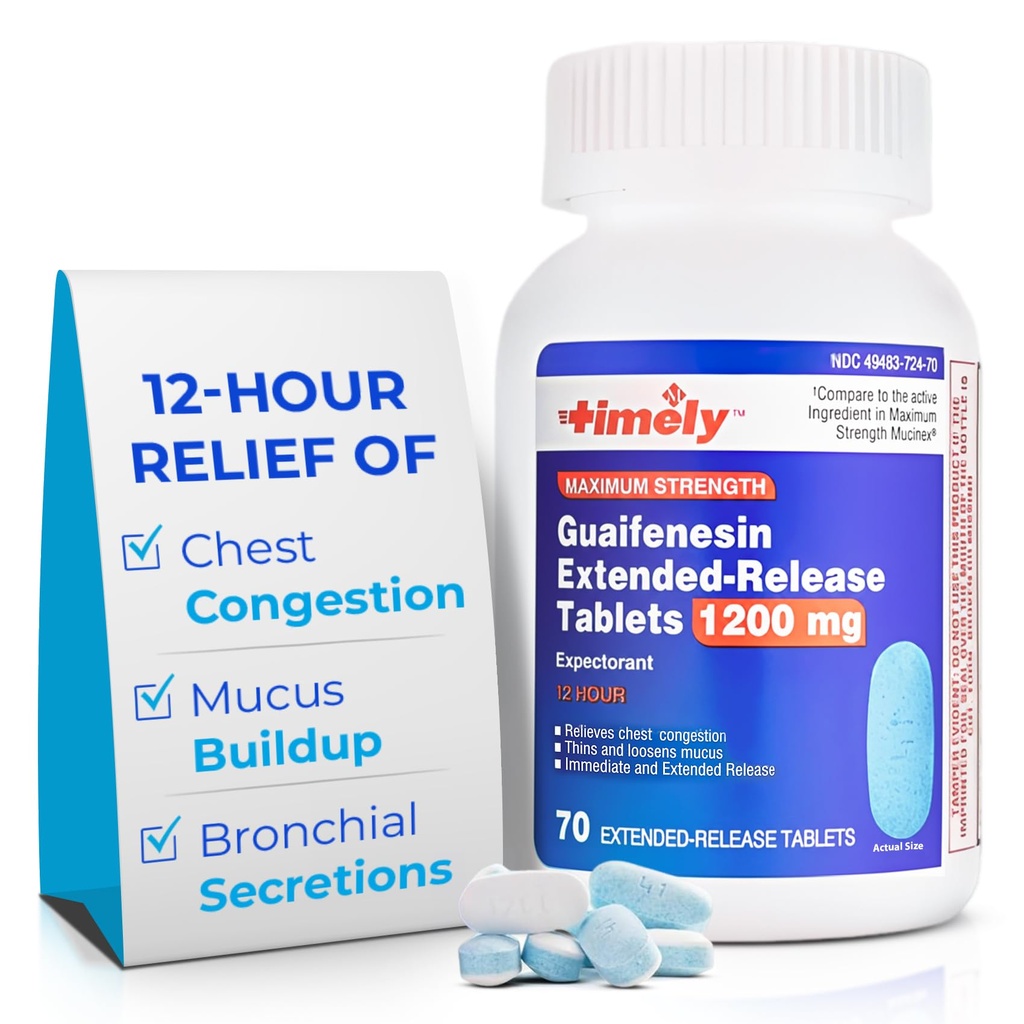 TIME-CAP LABS, INC. Tijdig Guaifenesin 1200 mg Uitgebreide Release Tablets - Expector Slijm Relief & Borstcongestie Relief voor volwassenen - duurt tot 12 uur - 70 Tel.