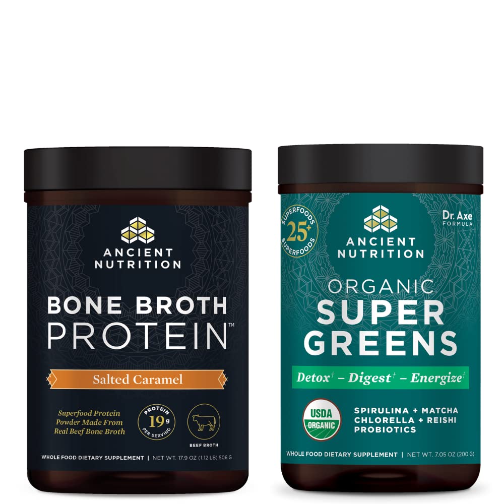 Oude voeding Bot Proteïnepoeder, Gezouten Karamel, 20 Serven + Biologische Supergreens Poeder, Groenen Smaak, 25 Servers