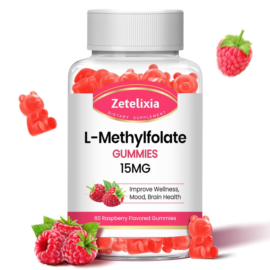 L-methylfolaat 15mg & Methyl B12 Gummies, Folaat Supplement for Brain Health, Mood & Immunity, DNA Synthesis & Repair, Sugar Free, Vegan, Raspberry Flavor, 60 Tel.
