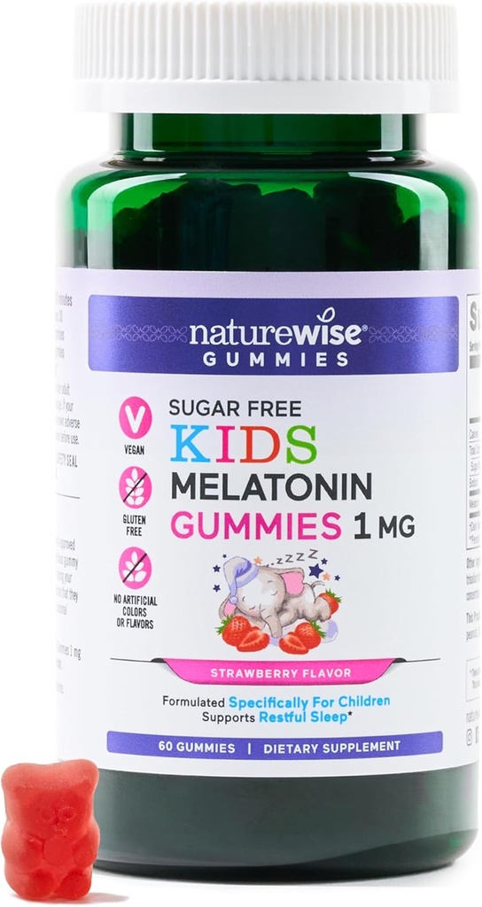 NatureWise Kids Melatonine 1 mg Sugar-Free Gummies for Children Ages 4 & Up - Non-Habit Forming Slaaphulp - Aardbei Gearomatiseerd - Veganistisch, Geen Gluten, Non-GMO - 60 Count [50]Maande Levering]
