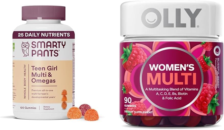 SmartyBants Tienermeisje Multivitamine Gummies met Omega 3 Visolie, Vitaminen D3, C, B12, B6, A, K, Zink & OLLY Vrouwen Multivitamine Gummy met Vitaminen A, D, C, E, Biotine, Foliumzuur, Berry Flavor