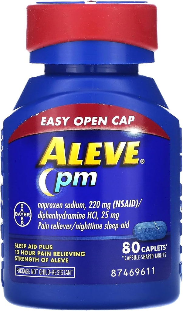 Aleve PM Caplets, Naproxen Natrium 220 mg (NSAID)/difenhydramine HCl 25 mg, Pain Reliver/Nighttime Sleep-Aid, Non-Habit Forming, 80 Tel.