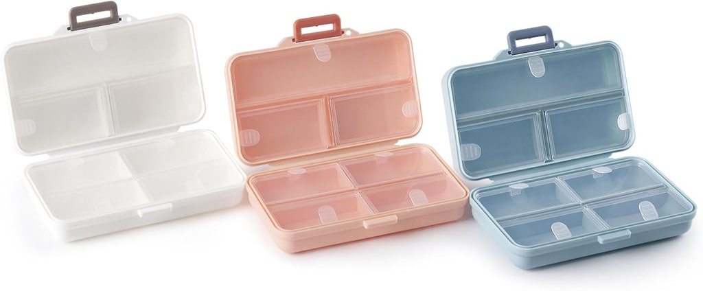 Portable Pill Case,Travel Pill Organizer,Daily Pill Organizer,7 Compartments, Pill Box voor Purse Pocket om vitamines vast te houden, Cod Leverolie,Suplements en Medication-(White+Blue+ Roze)