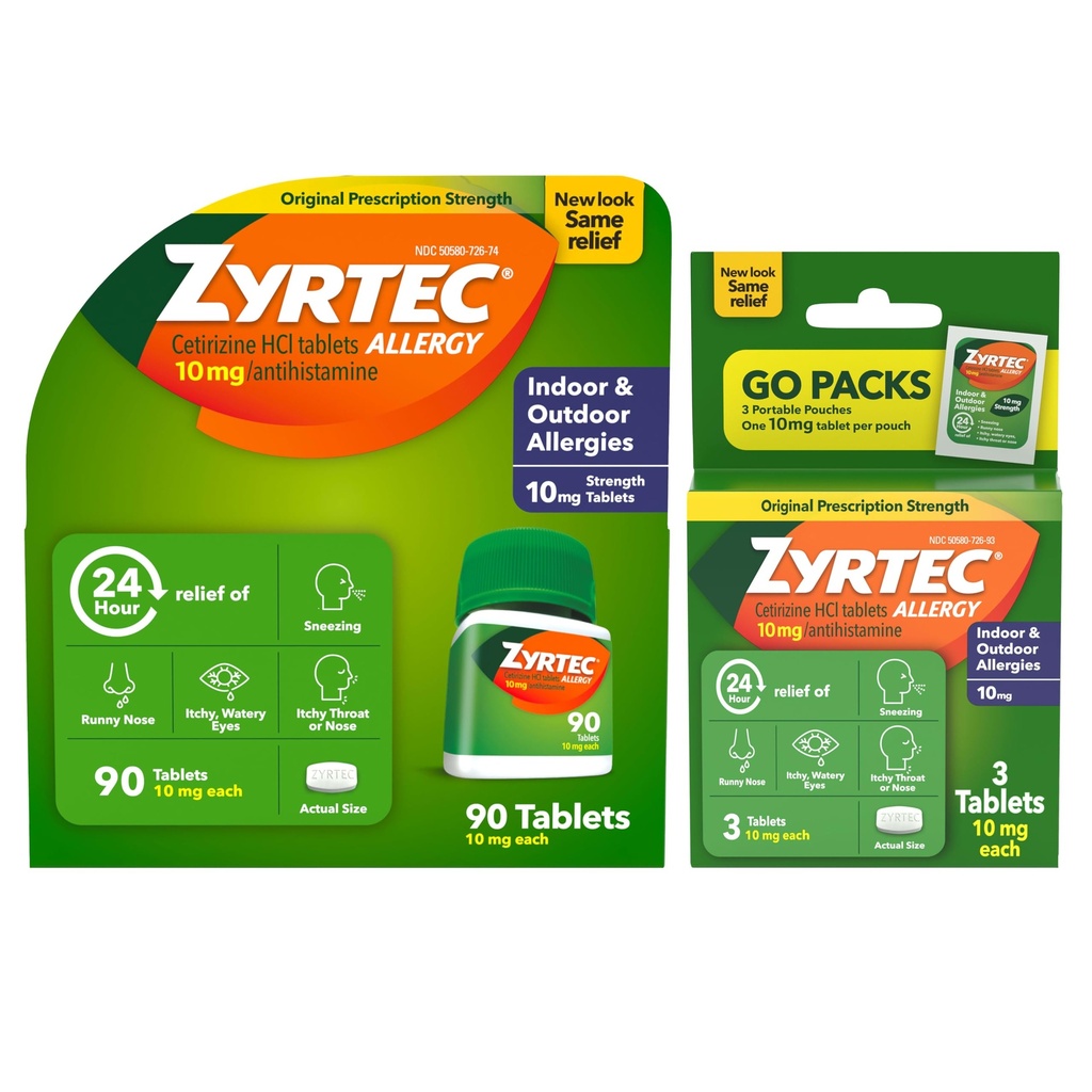 Zyrtec 24-uurs Allergie Relief Tablets, Indoor & Outdoor Allergie Medicine met 10 mg Cetirizine Hydrochloroide Antihistamine, Waardebundel van één, 90 ct Fles & Three, 1 ct Travel Packs