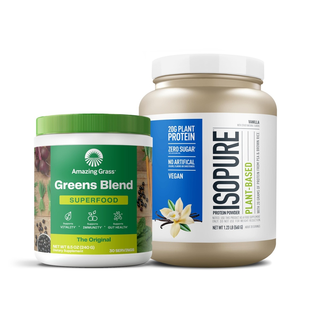 Bundle of Amazing Grass Greens Superfood Powder: Original, 30 Servings + Isopure Vanilla Vegan Protein Powder, Plant Based, Organic Pea Protein, Dairy Free, 20 Servings (Verpakking mei Vary)