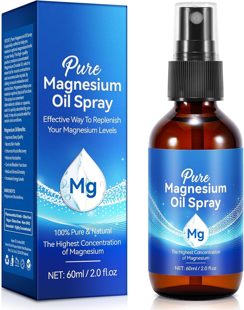Pure Magnesium Oil Spray, Biologische Magnesium Spray voor voeten, Topical Magnesium Spray Glass Bottle,Nourish The Skin, Alleviate Haarverlies, Unclog Pores, 2 fl oz