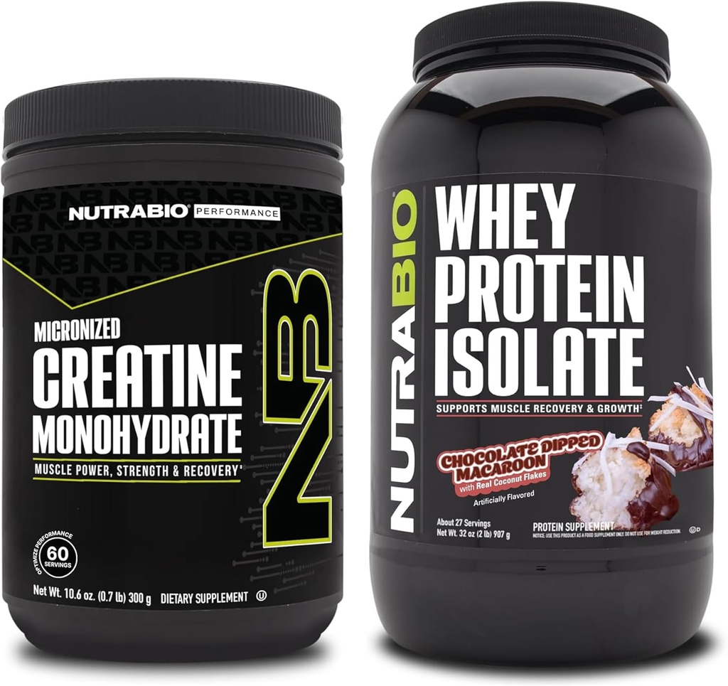 NutraBio Creatine Monohydraat, Unflavored, 300g en Wei Proteïne Isolaat, Chocolade Dipped Macaroon, Supplement Bundle - Spierenergie, Lean Spiergroei, Herstel, en sterkte