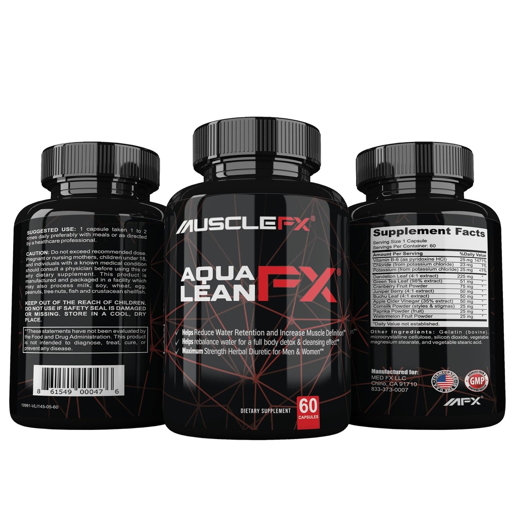 AquaLean FX Maximale sterkte Diuretisch water weg Pillen voor waterretentie en Lean Muscle Defination voor mannen en vrouwen, 60 capsules