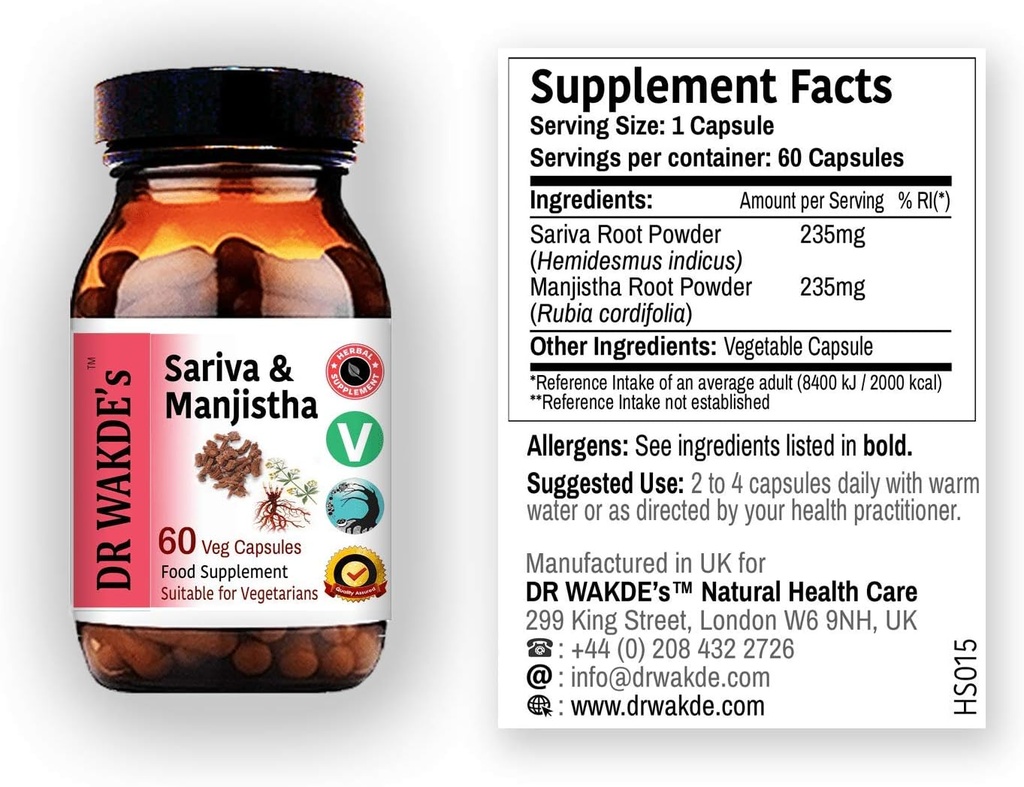 DR WAKDE'S Sariva & Manjistha Capsules (60 Veg Caps, Ontgiftende Kruiden, Ondersteunt Gezonde Huid, Ayurvedische Supplement, Vegan, Herbal, Alle Natuurlijke, Made in UK)