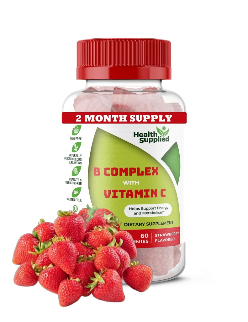 Aardbei Flavored Vitamine B Complex Gummies - B Complex met vitamine C - Ondersteunt het zenuwstelsel en verhoogt energieniveaus - helpt met cognitieve functie - Geweldige Proeverij en gemakkelijk te slikken