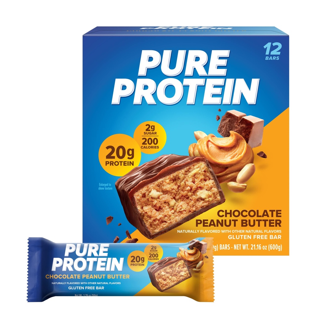 Pure Protein Bars, Hoge Proteïne, Nutrische snacks ter ondersteuning van energie, lage suiker, Glutenvrij, Chocolade Pindakaas, 1.76oz, 12 Tellen (Verpakking mei Vary)