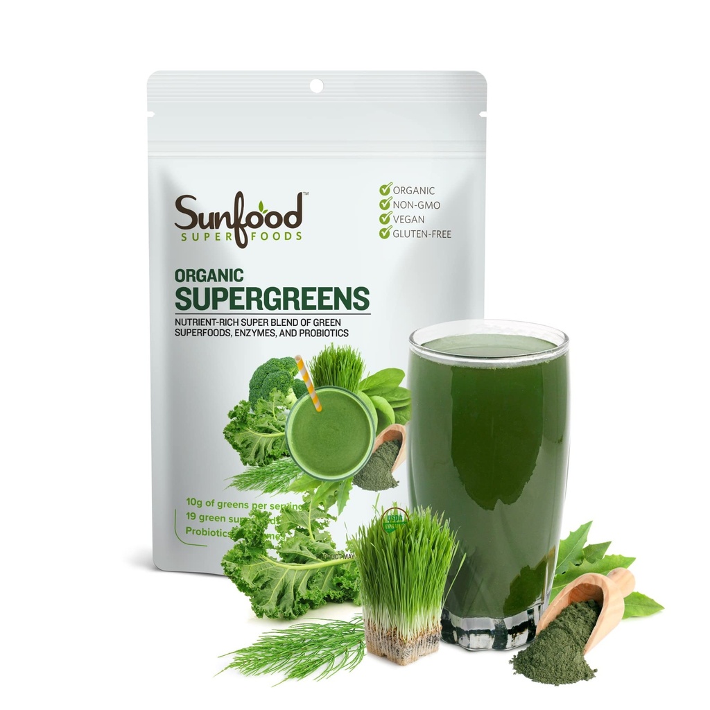 Sunfood Superfoods Biologische Supergreens Blend - Greens Superfood Powder, Daily Green Juice Powder, Plantaardige Smoothie Drink Mix met Chlorella, Spirulina, Alfalfa, Kale, & More - 8 oz Bag