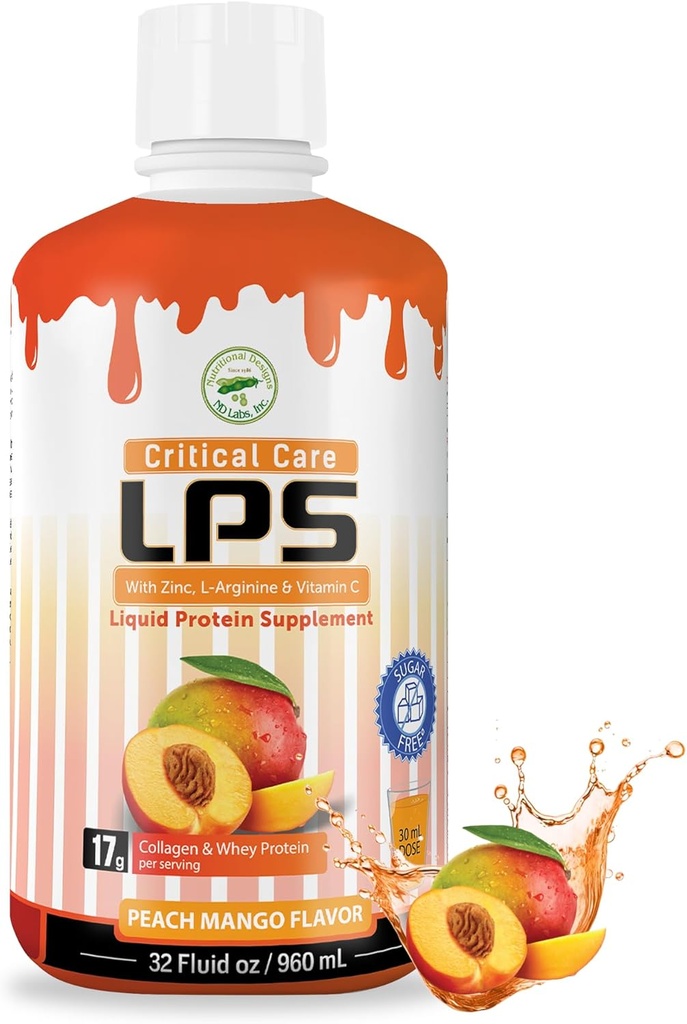 Nutritional Designs LPS Liquid Collagen & Whey Protein Supplement, Sugar-Free, Non-GMO Drink, Promotes Healthy Skin & Hair for Men & Women. (Critical Care) Peach Mango