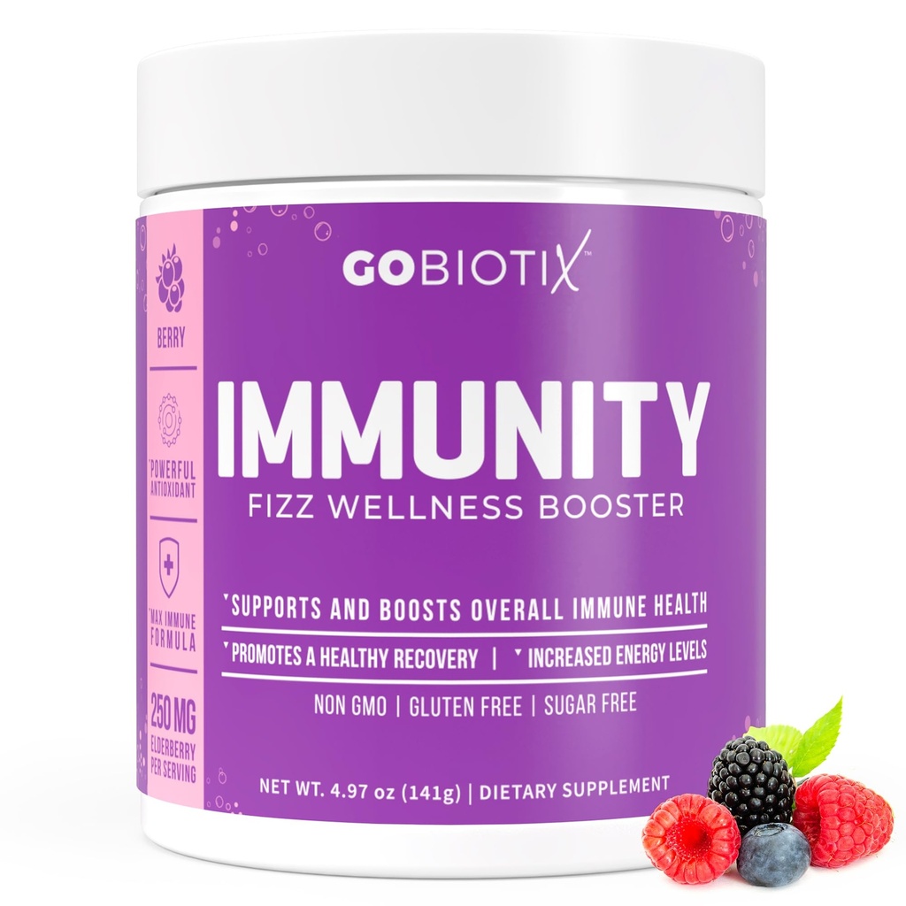GOBIOTIX Vitamine C - Immune Defense Support Supplement - Immunity Powder Wellness Booster - Vegan Superfood - Vlierbes, Kurkuma, B12 Vitamine Supplement, Non-GMO en Sugar Free (Berry)