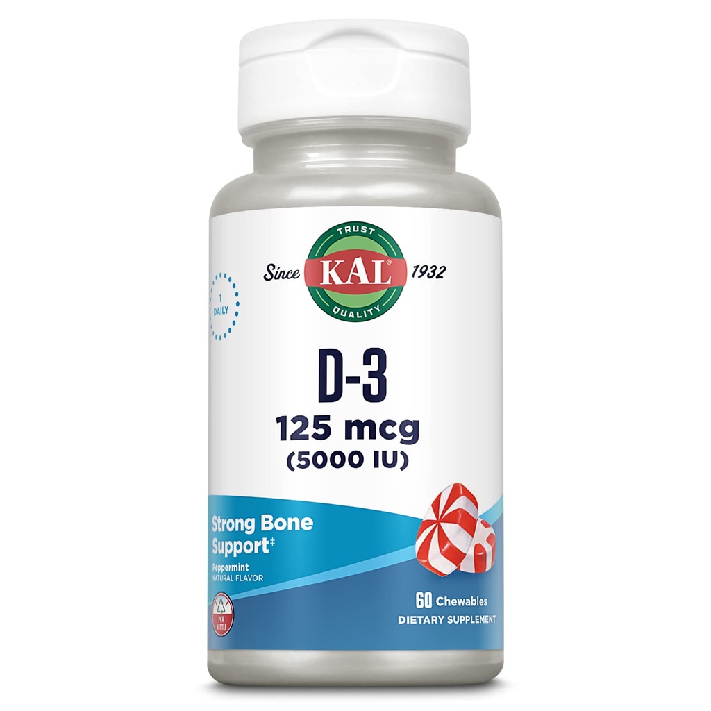 KAL Vitamine D3 5000 IE 125 mcg, High Potency Vitamine D kauwtabletten, Calcium Absorptie, Bone Health and Immune Support Supplement, Natural Peppermint Flavor, 60 dagen garantie, 60 porties, 60 kauwgom