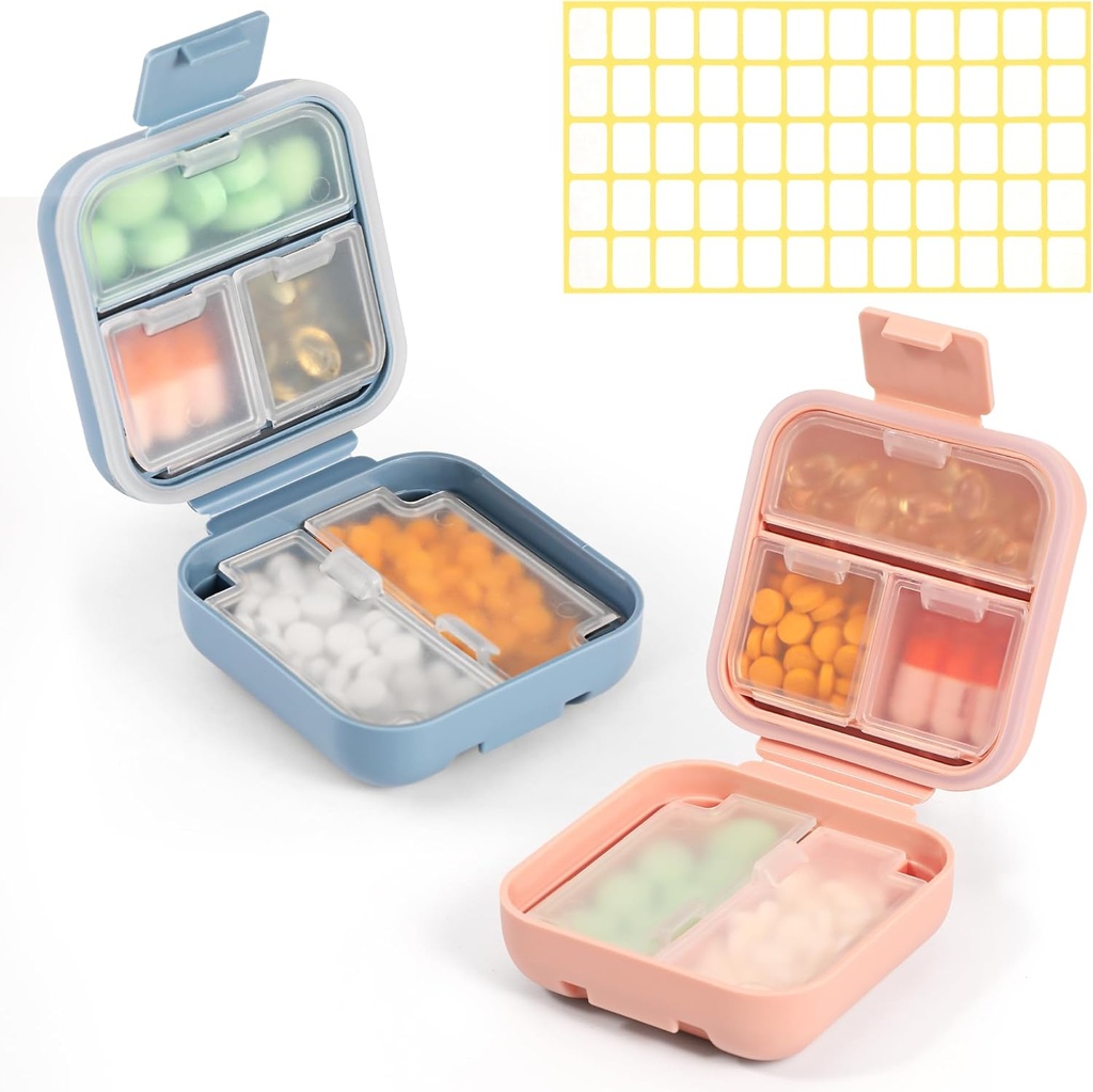 Dynippy Daily Pill Organizer 5 Compartments Portable Vocht Proof Kleine pil Case voor Pocket Purse Travel Pill Box Portable Medicine Vitamine Fish Oil Holder Container (Blauw Roze)