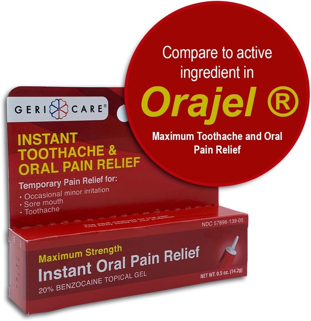 GeriCare Benzocaine 20% Maximale sterkte Tandpijn & Oral Instant Pain Relief Gel 0,5 oz. Snelwerkende Numbing Pain Treatment for Tandaches, Gum Irritation, Sensitiviteit & Mouth Sores, (Pack of 1)