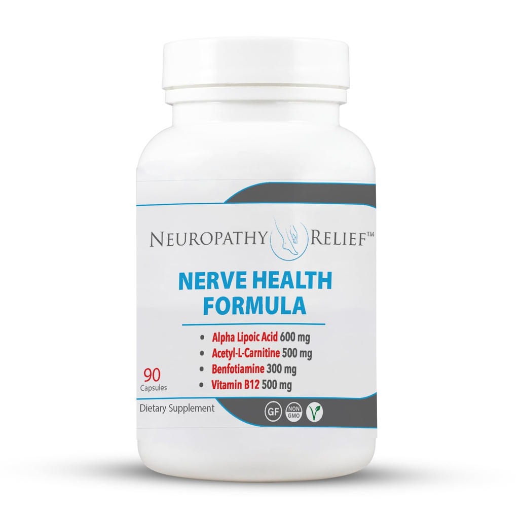 Neuropathy ReliefTM Zenuwgezondheidsformule - Geavanceerde ondersteuning met Alpha Lipoïnezuur, Acetyl-L-Carnitine, Benfotiamine en Vitamine B12-90 Capsules