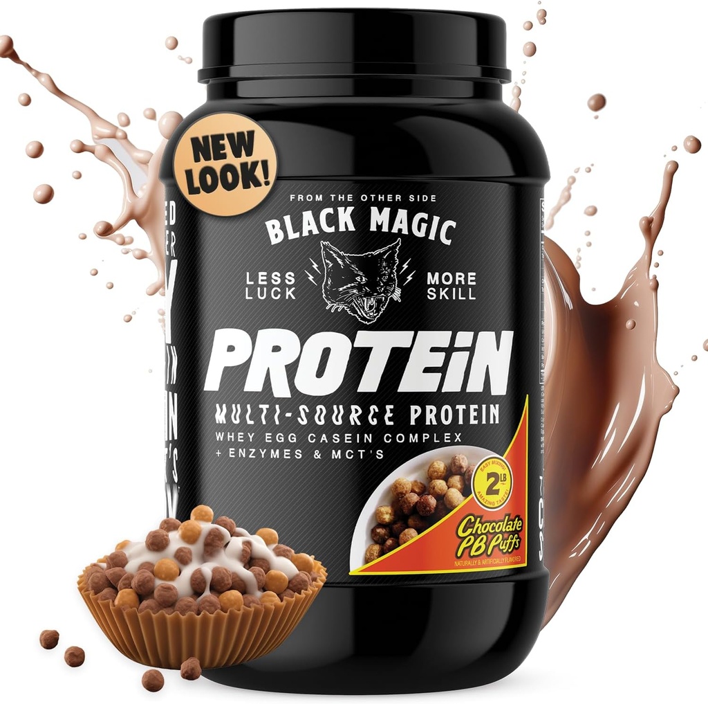 Black Magic Protein Powder - Whey, Egg, and Casein Complex with Enzymes & MCT Powder - Pre Workout and Post Workout - New Look- Famous Chocolate Peanut Butter Puffs - 24g Proteïne - 2 LB