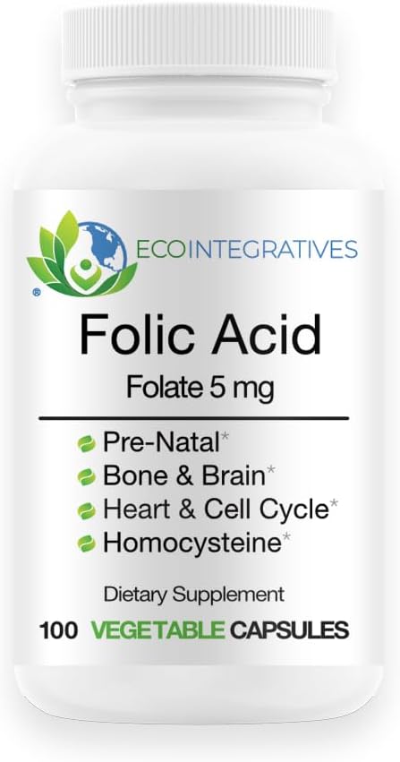Foliumzuurfolaat 5mg (B9) Prenatale, Reproductieve Gezondheid, Homocysteïne, Metabolisme, Cardiovasculaire, Bot, Immuun Ondersteuning, Allergenen Vrij, Niet GGO - 100 Vegan Capsules