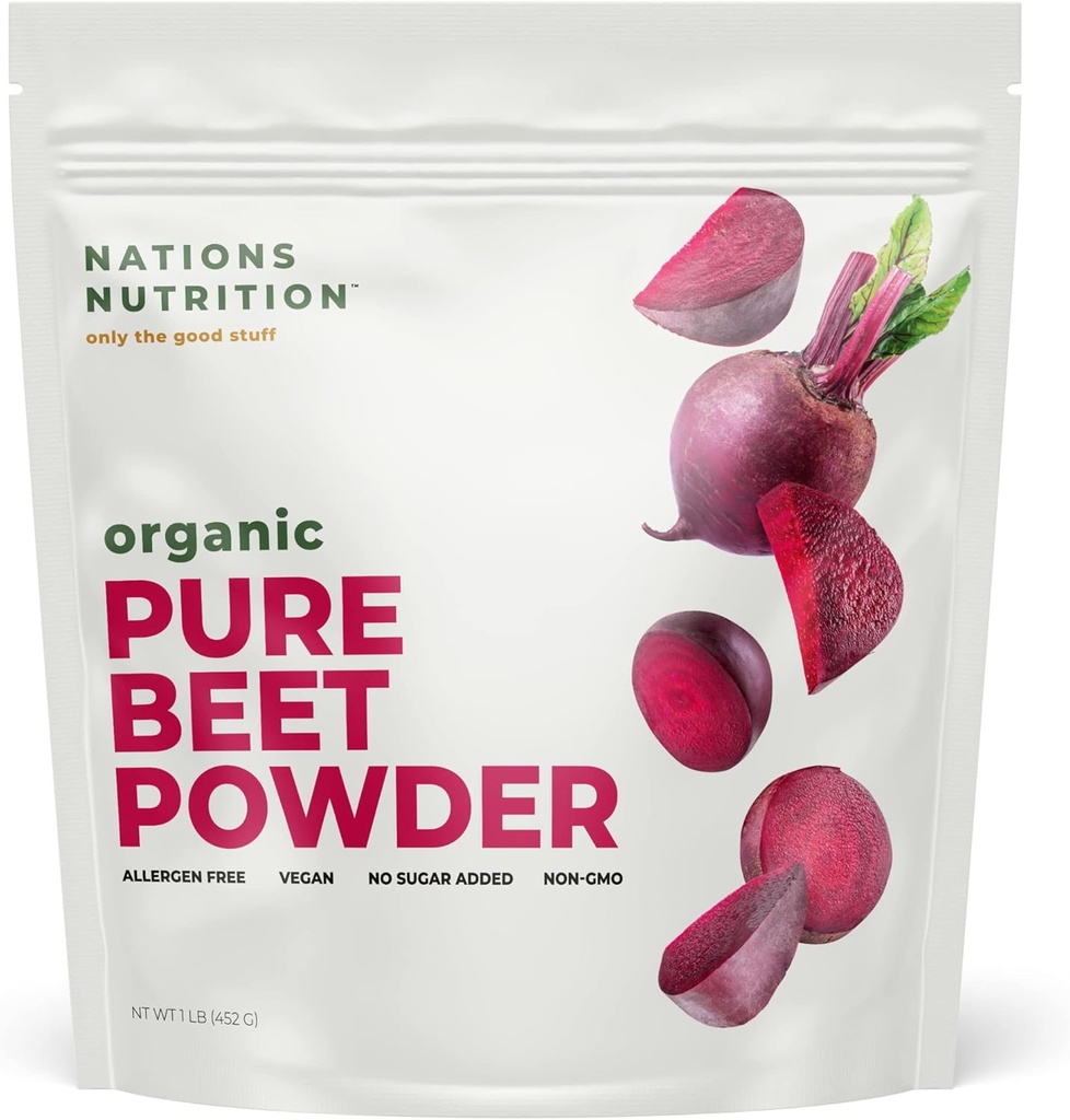Pure Beetwortelpoeder Biologische - Nitric oxide Circulatie Superfood, Ondersteunt de bloedstroom en de gezondheid van het hart - Verhoog uithoudingsvermogen en natuurlijke energie, 30 + porties (1 LB zak)