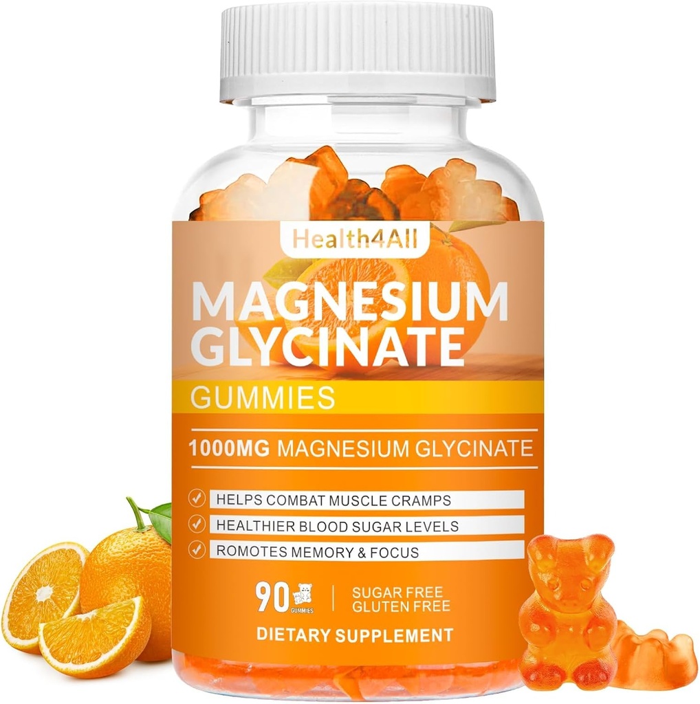 Magnesium Glycinate Gummies 1000mg, Hoge Absorptie Suikervrij Magnesium Kaliumsupplement voor ontspanning, stressverlichting en slaapondersteuning voor volwassenen en kinderen - 90 Oranje Gummies