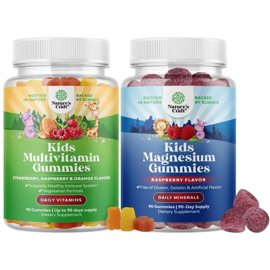Bundel van kinderen Multivitamine Gummies voor Immuniteit Ondersteuning met vitamines A C D3 E B en zink en kinderen Magnesium Gummies - Kalm ontspannen Mag Citrate met Raspberry Flavor voor nerve & Heart Health