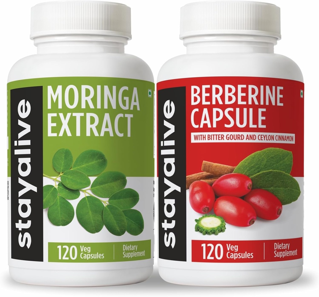 STAY LEVEND Moringa en Berberine Bundle met Ceylon Cinnamon en Bitter Gourd Extract, 240 Veganistische pillen, niet-GMO en glutenvrije Berberine HCL supplement