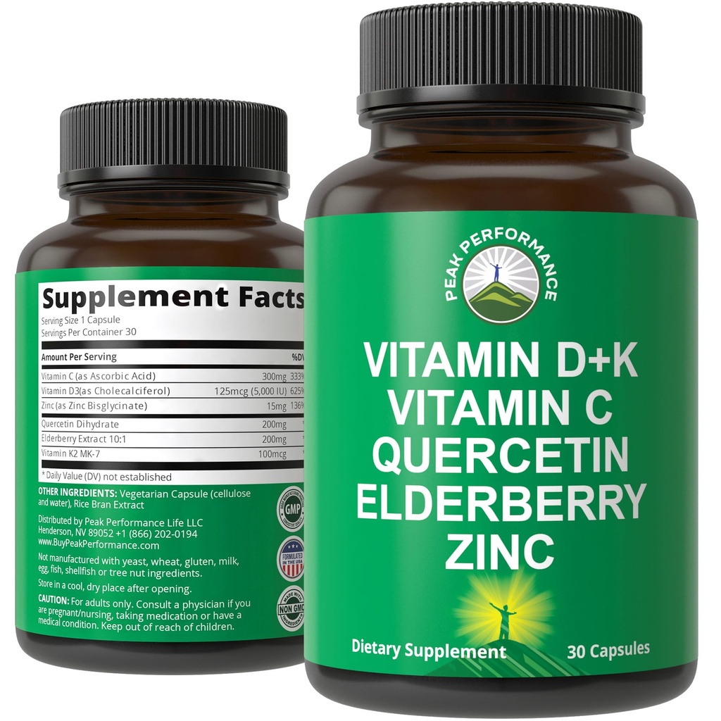 Peak Performance Immune Support Supplement - 6 Top Ingredients Vitamin D3 K2, Vitamin C, Elderberry, Zinc, Quercetin - Includes 5000 IU Vitamin D - Immunity Capsules - Supplements for Women and Men
