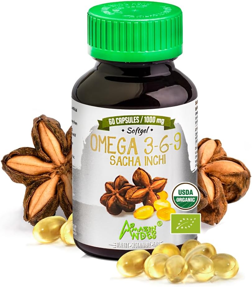 Andes Sacha Inchi Capsules (Plukenetia volubilis) - Bron van Omega 3, 6, 9 met essentiële vetzuren - Odorless & Sustainablely sourced - Hersenfunctie Supporter - 60 Softgel Pillen (1000mg)