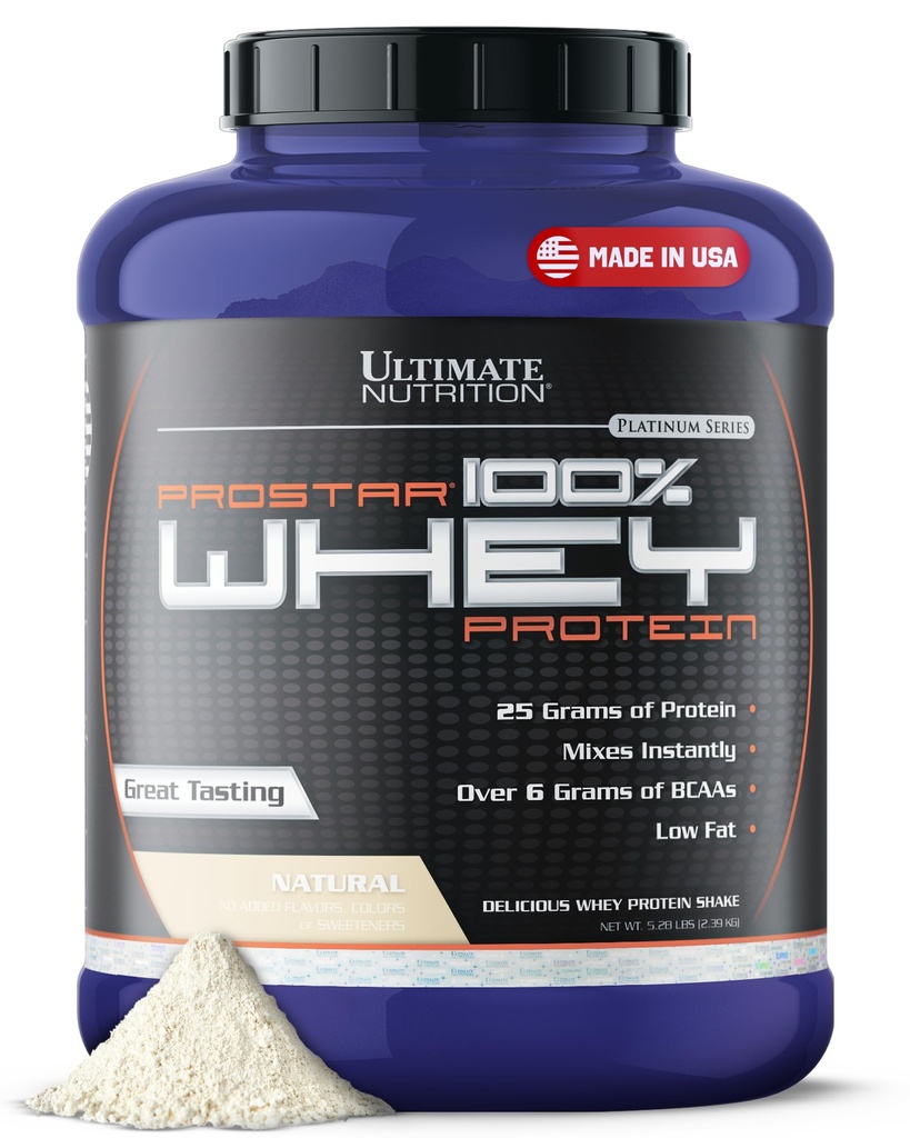 Ultimate Nutrition Prostar Whey Protein Powder Isolate, Natural - Low Carb, High Protein Powder Shake for Muscle Gain & Recovery - Low Sodium, Low-Fat & Keto Friendly - 5,28 lbs Tub