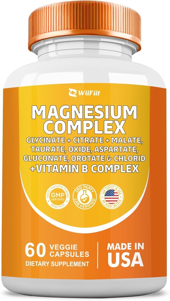 Magnesium Complex Supplement, Clycinate 141mg Oxide 228mg Malaat 58,5mg Citrate 62,4mg met Orotate Glycina Taurate Chloride aspartaat Gluconaat Vitamine B, Minerale Supplementen 60 Capsules
