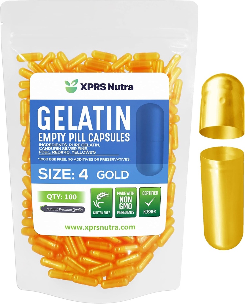 XPRS Nutra Maat 4 Lege Capsules - 100 Tel kleine lege Gelatine Capsules - Pillen DIY Capsule vullen - Vulbare Pure Bovine Pill Gel Caps voor Do-It-Yourself Supplementen (Goud)