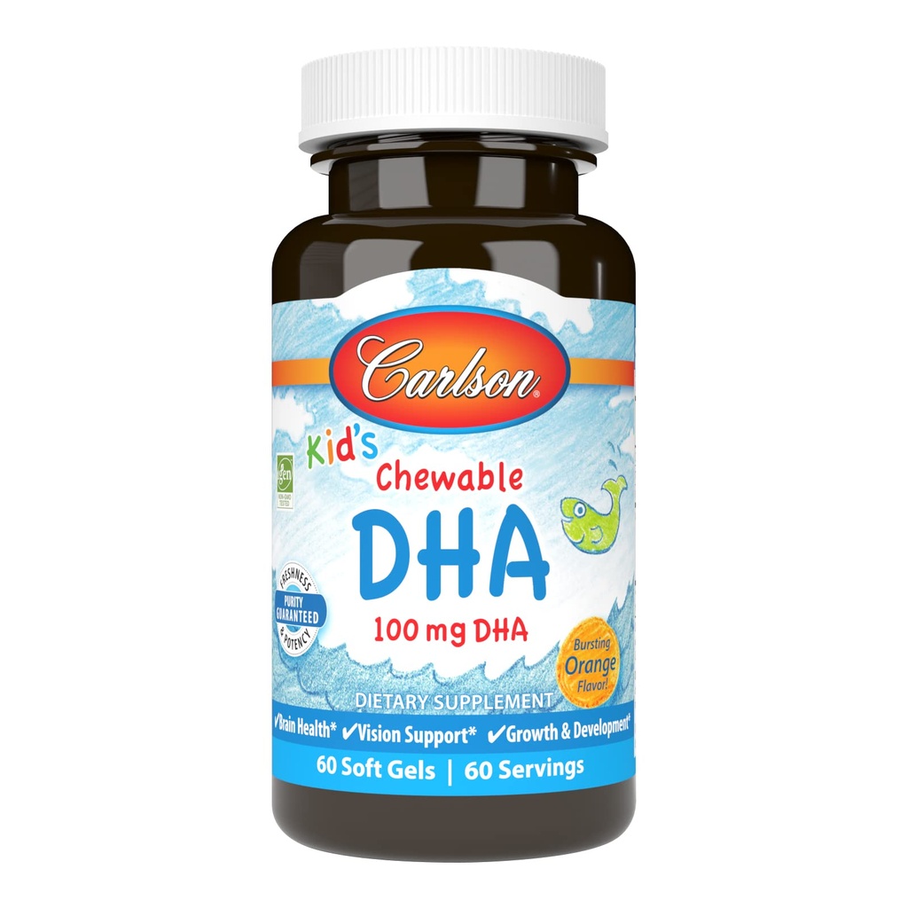 Carlson - Kid's Chewable DHA, 100 mg DHA, Brain & Vision Functie, Groei & Development, Oranje, 60 Kauwbare Softgels